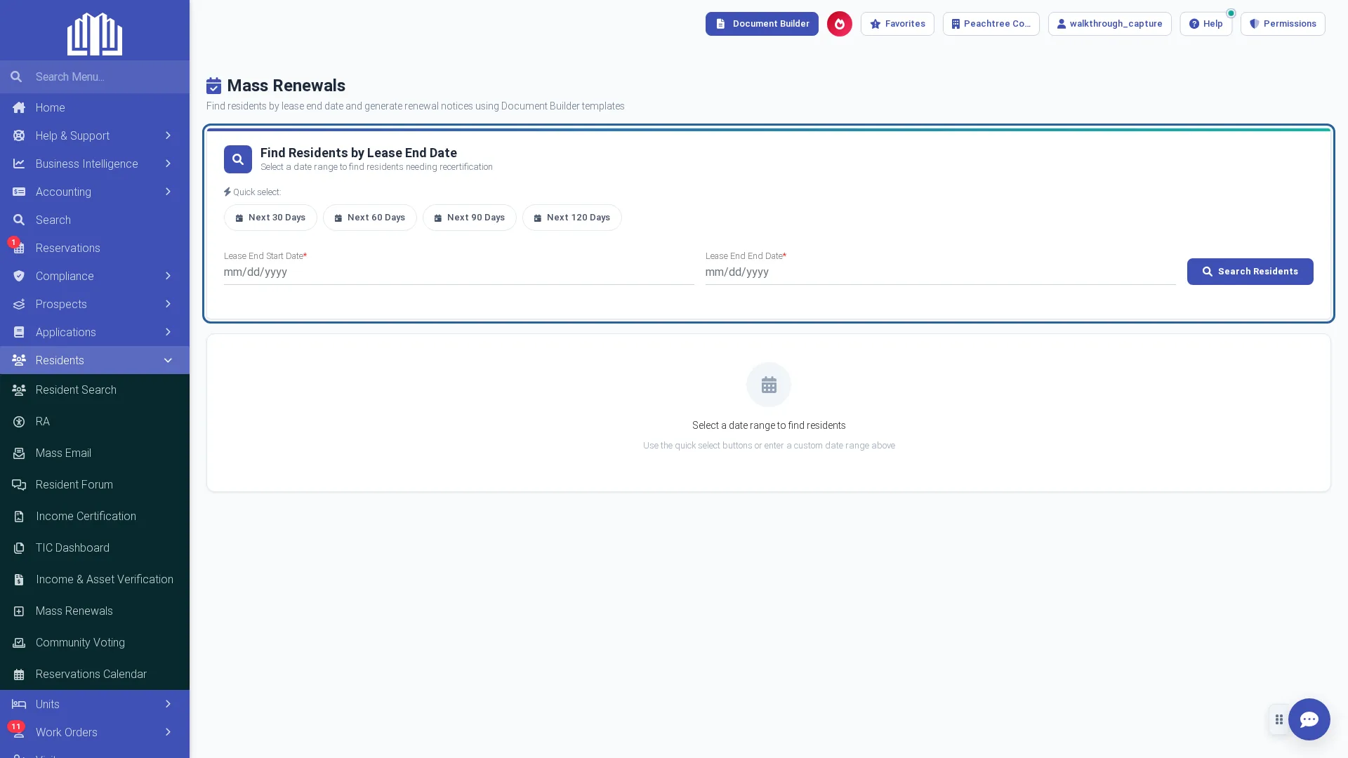 ExactEstate Mass Renewals screen: residents found by lease end date, with renewal notices generated through the Document Builder