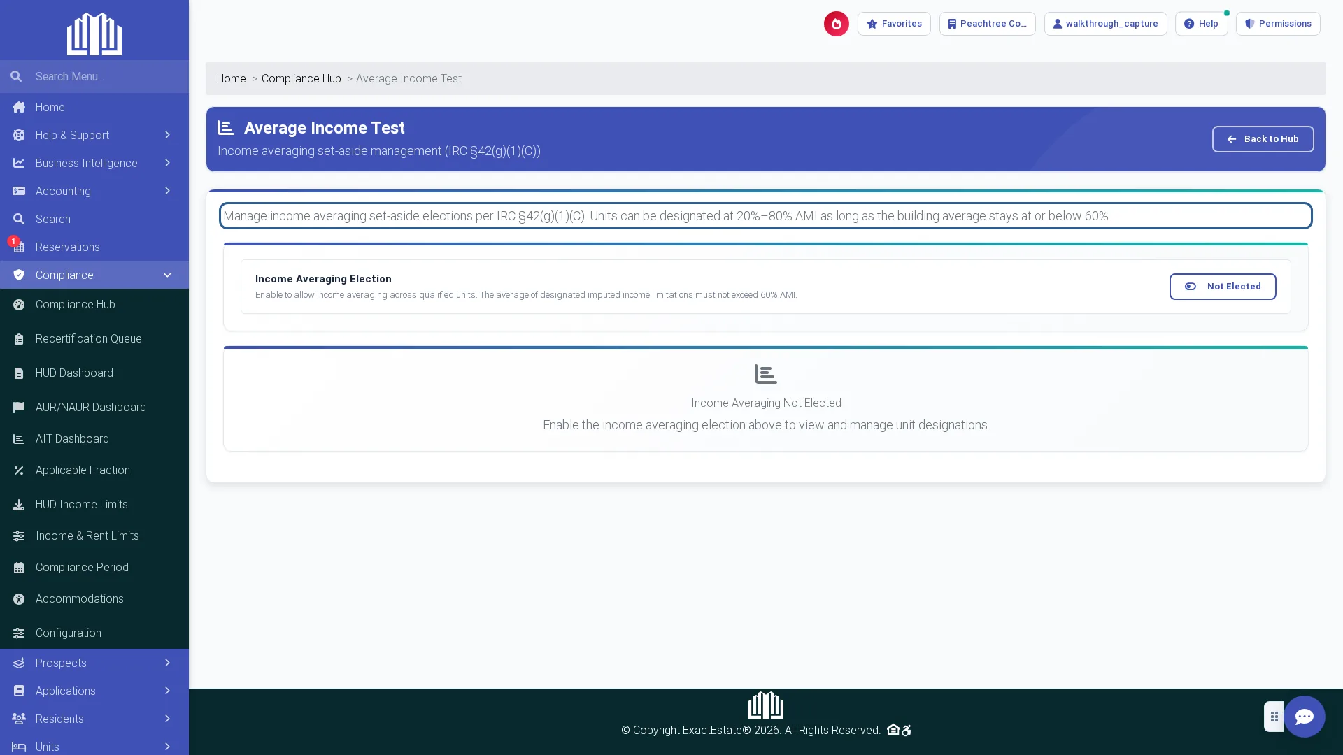 ExactEstate Average Income Test page citing IRC §42(g)(1)(C) alongside the income-averaging election — the product quoting the authority it applies