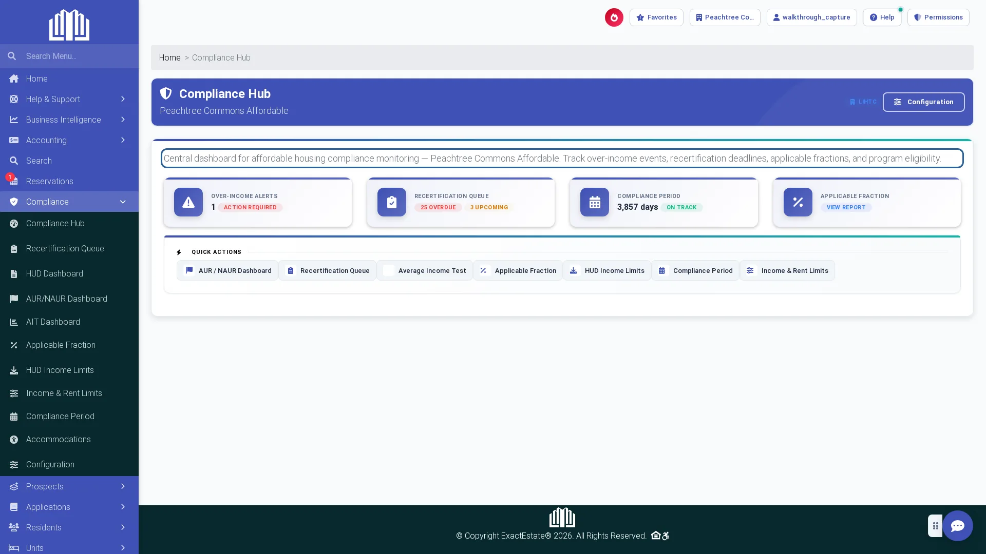 ExactEstate Compliance Hub for an affordable property: over-income alerts, a recertification queue with overdue and upcoming items, the compliance period, applicable fraction and LIHTC program badge